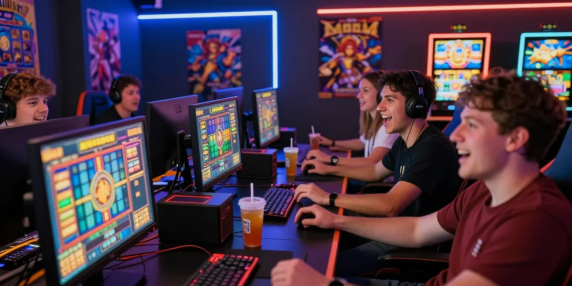 Exciting gaming scene with players enjoying depo pulsa 10k tanpa potongan slot games on vibrant screens.