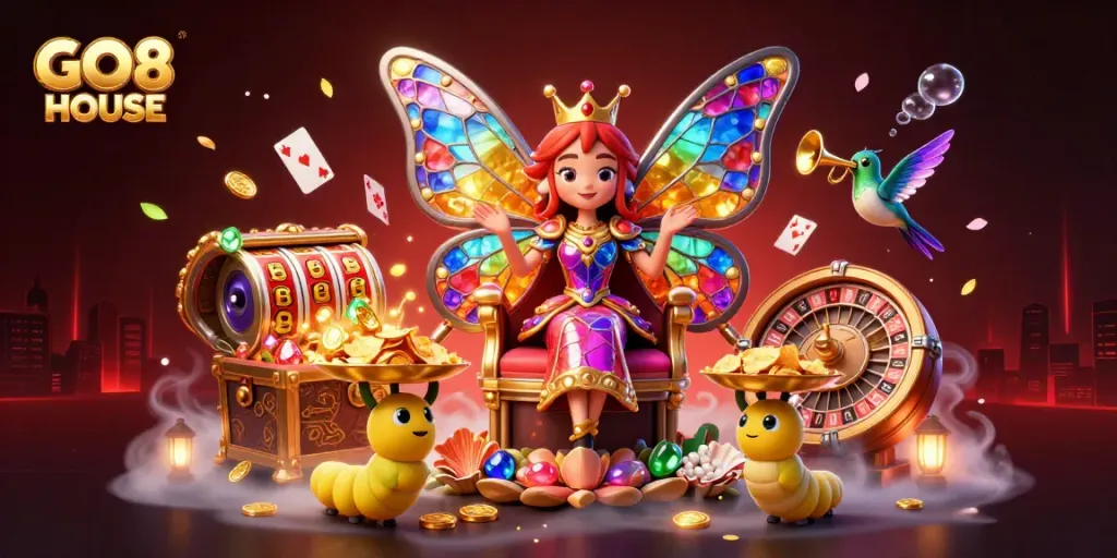 Engage with the immersive GO8 HOUSE experience while uncovering treasures in a vibrant, illustrated casino scene.