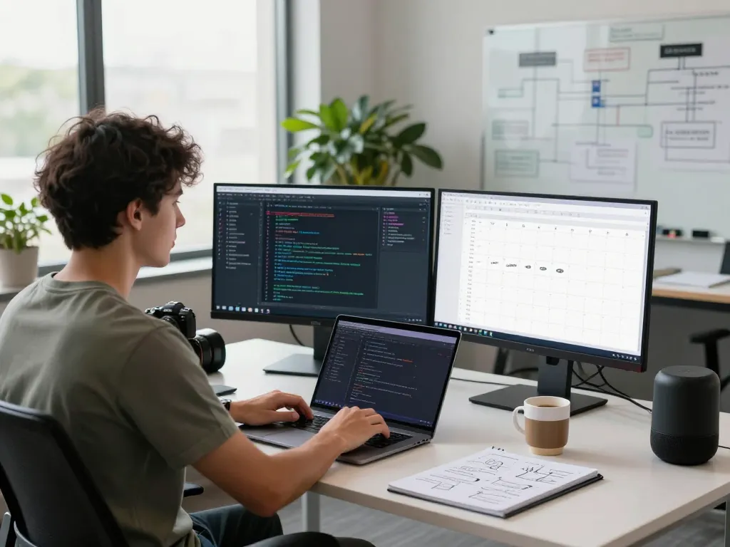 Developer using MoltBot mac in a modern workspace with multiple screens and coffee.
