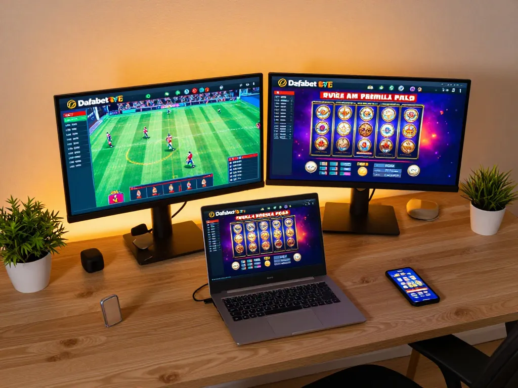 Dafabet user engaging in online betting with vibrant casino games showcased on multiple screens