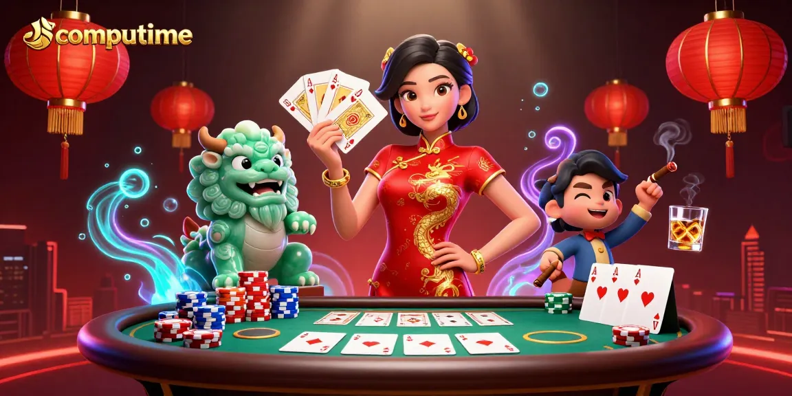Participate in thrilling gaming at computime with an elegant woman and jade lion guardian amidst vibrant casino elements.