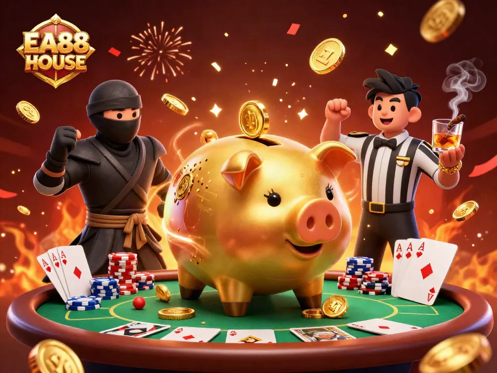 Experience thrilling gameplay at EA88 HOUSE with this vibrant casino scene featuring card duel and jackpot elements.