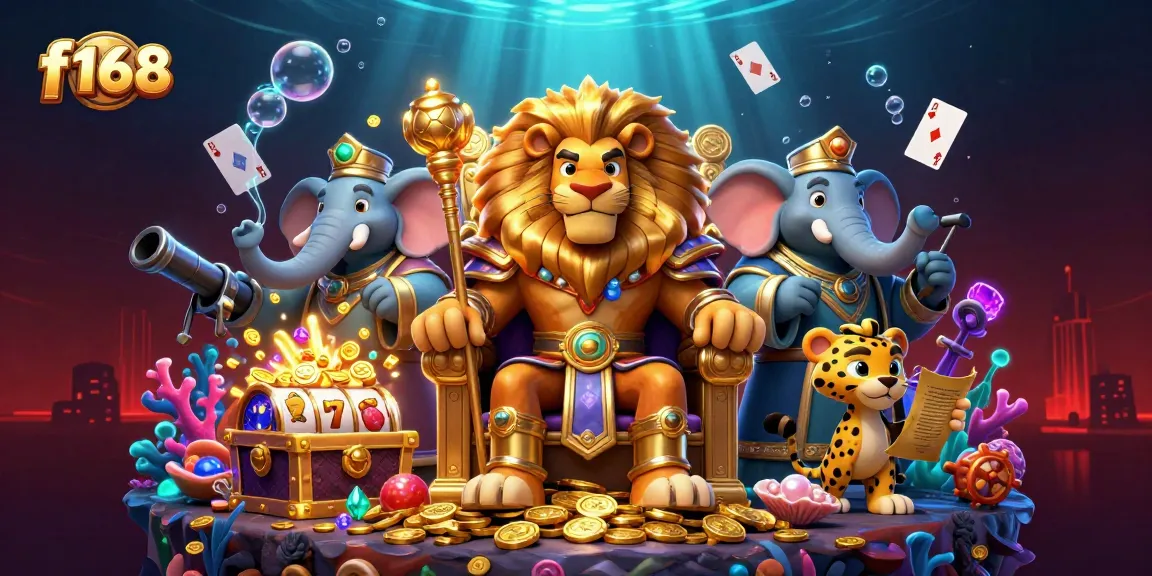 Spin and win big with f168; a vibrant casino scene depicting a lion king and treasures.