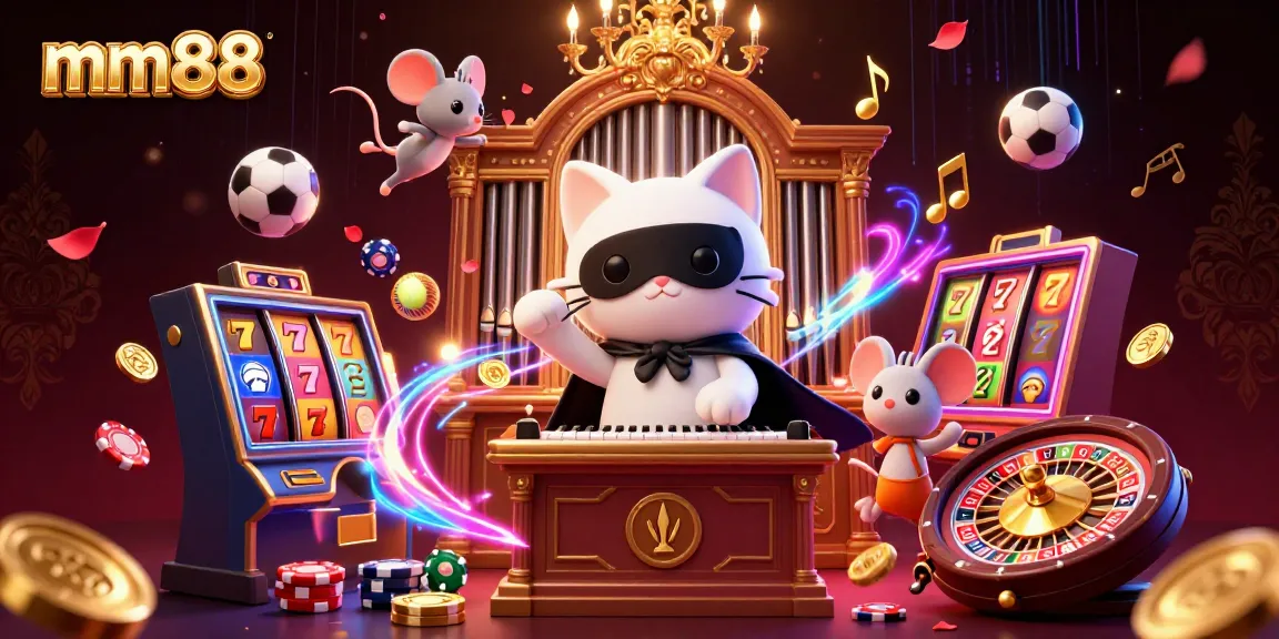 Experience winning strategies at mm88 with a lively casino-themed 3D illustration featuring fun characters and gaming elements.