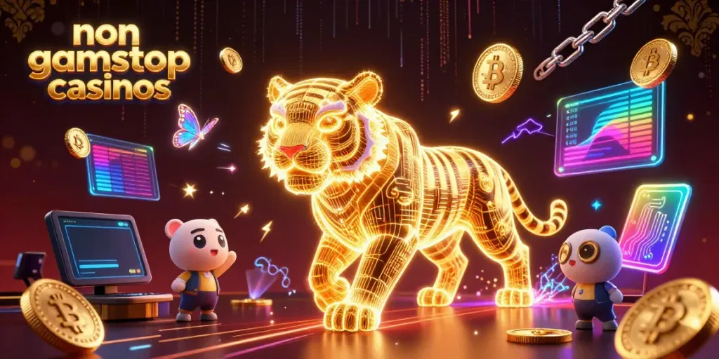 Experience non gamstop casinos with vibrant visuals of a neon-wireframe tiger in a digital gaming landscape.