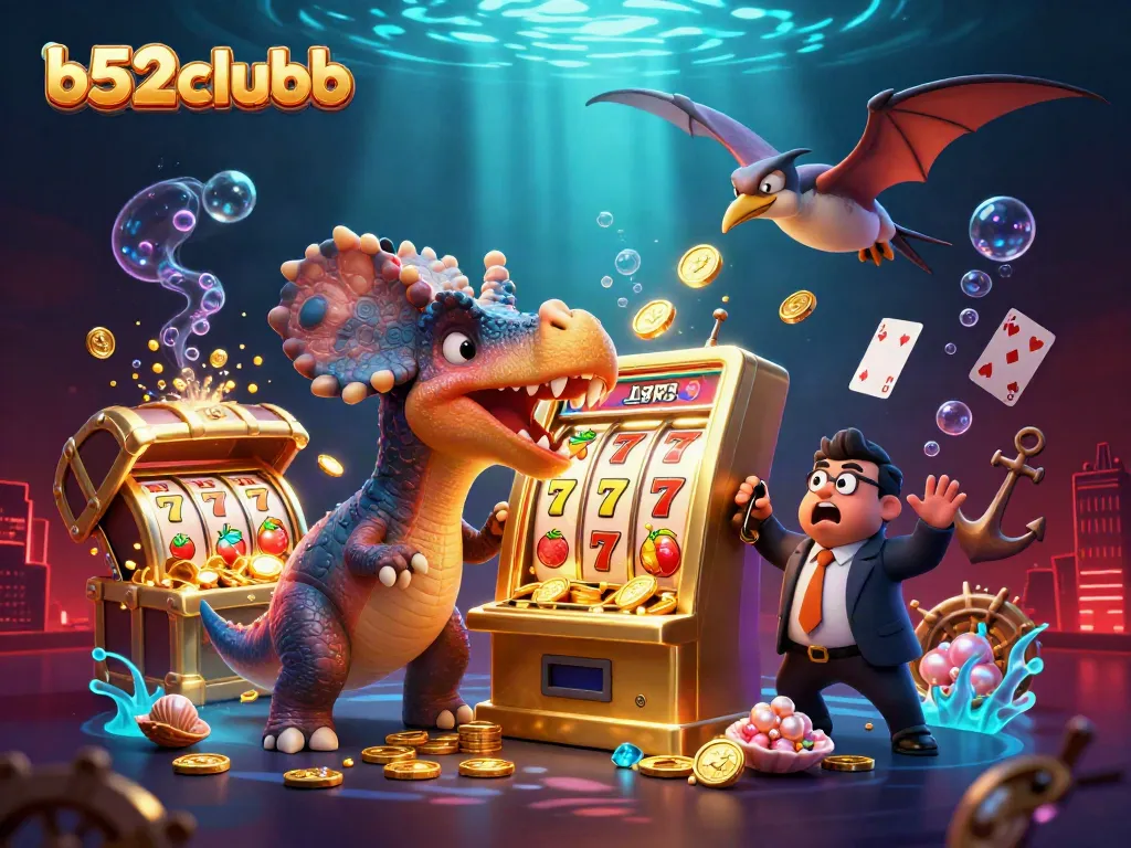 B52clubb offers an exciting jackpot experience with cartoon characters enjoying thrilling casino action.
