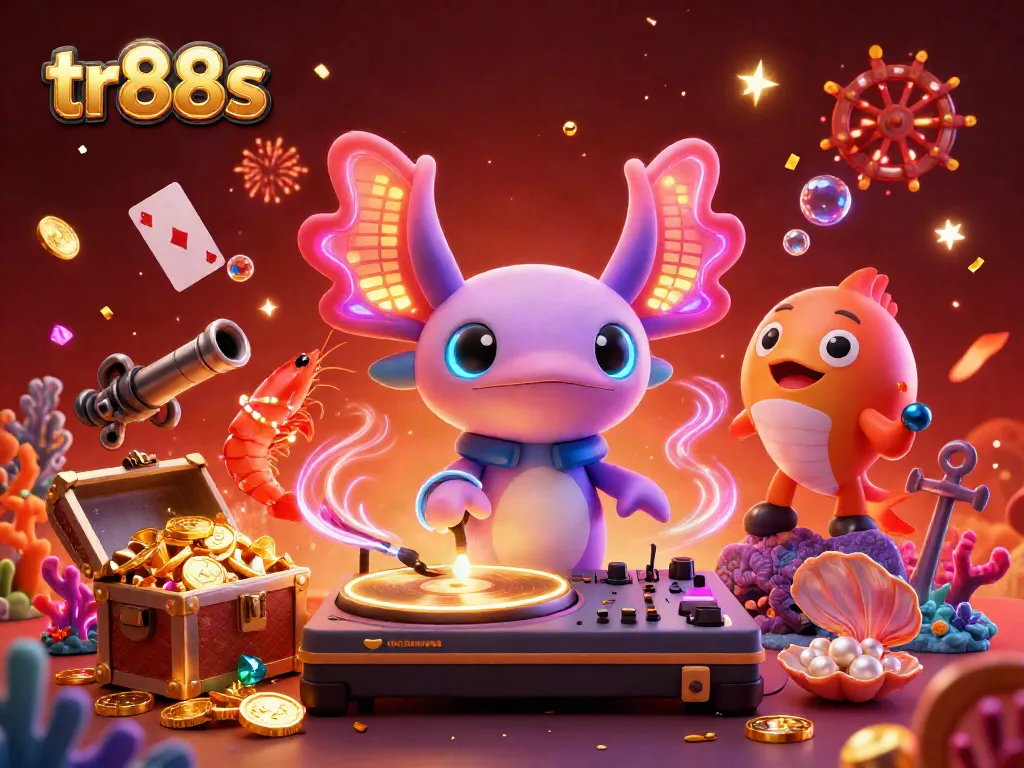 Engage with thrilling action on tr88s as a neon axolotl DJ spins in an underwater casino scene.