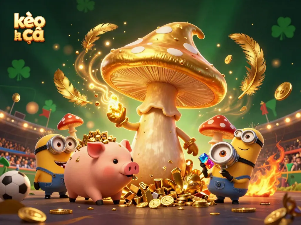 Experience thrilling action with kèo nhà cái, featuring a golden mushroom wizard and pig amidst sports betting excitement.