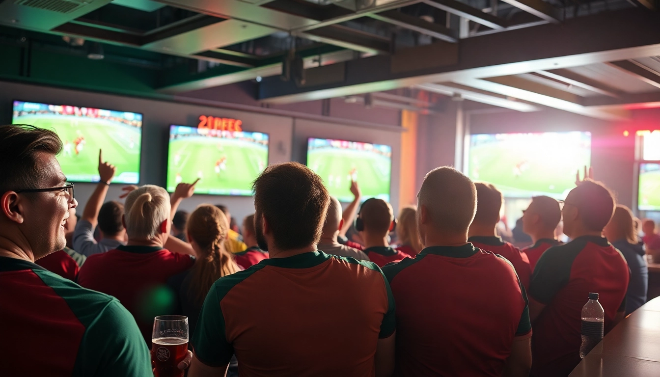 Excited fans at a vibrant sports bar enjoying live football streaming on joemadfan.com.
