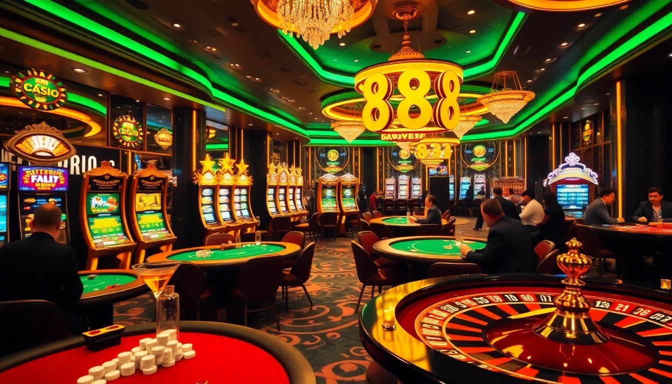 Gambling scene featuring players at poker tables and 88i poker chips in a luxurious casino environment.