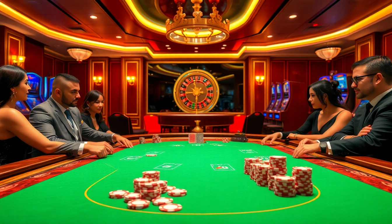 Lu88 players engaging in poker with vibrant chips and cards in an upscale casino setting.