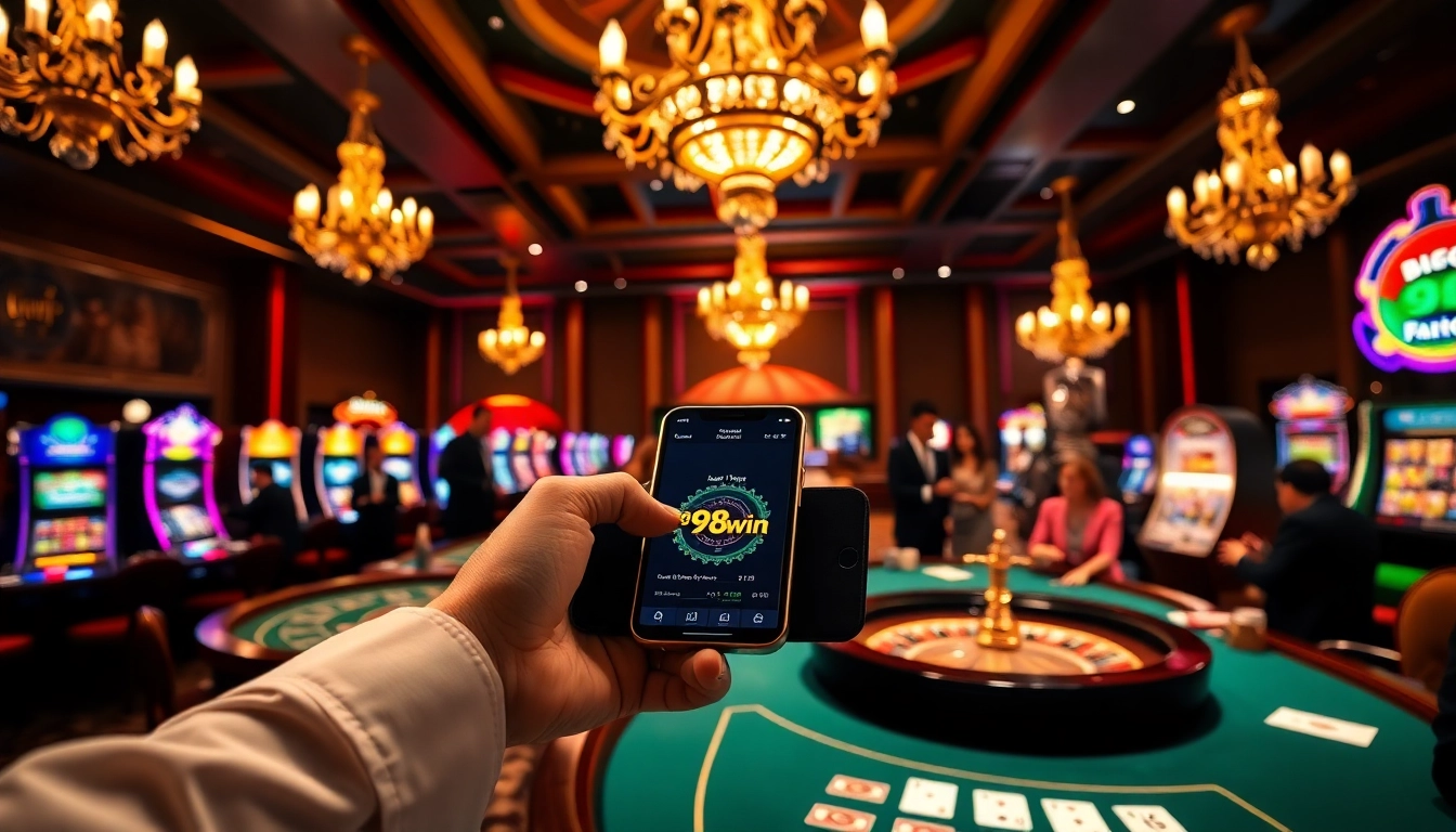 Betting with the app 98win at a glamorous casino table with vibrant games and atmosphere.