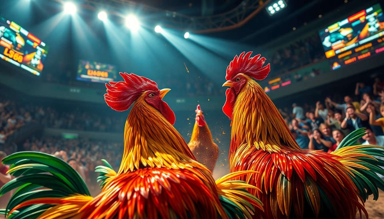 Live cockfighting action featuring SV368 roosters with vibrant colors and enthusiastic fans