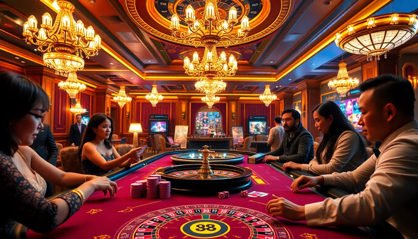 Engaged players at a j88 casino table, capturing the thrill of a high-stakes gambling session.