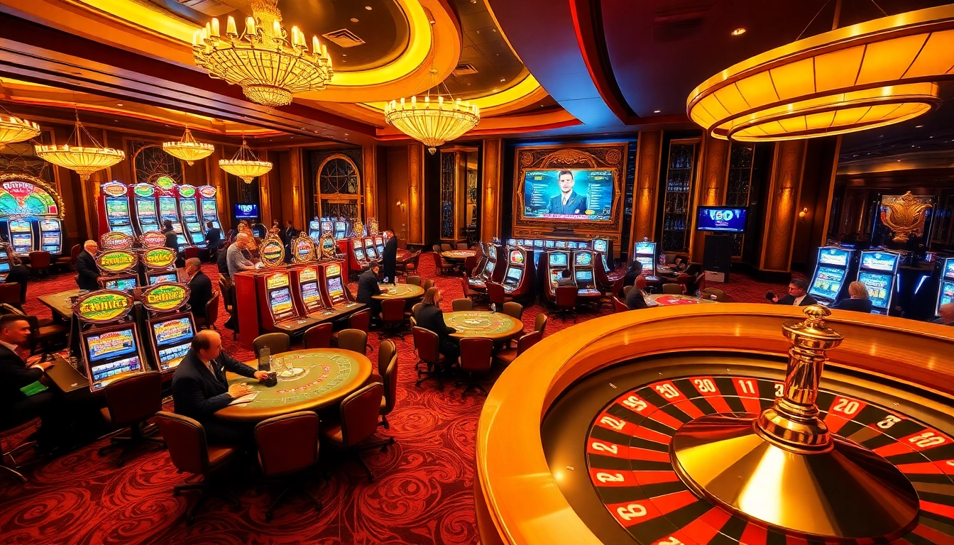 Gamblers enjoying a vibrant game scene at https://99wincasino.com/ with luxury slots and tables.