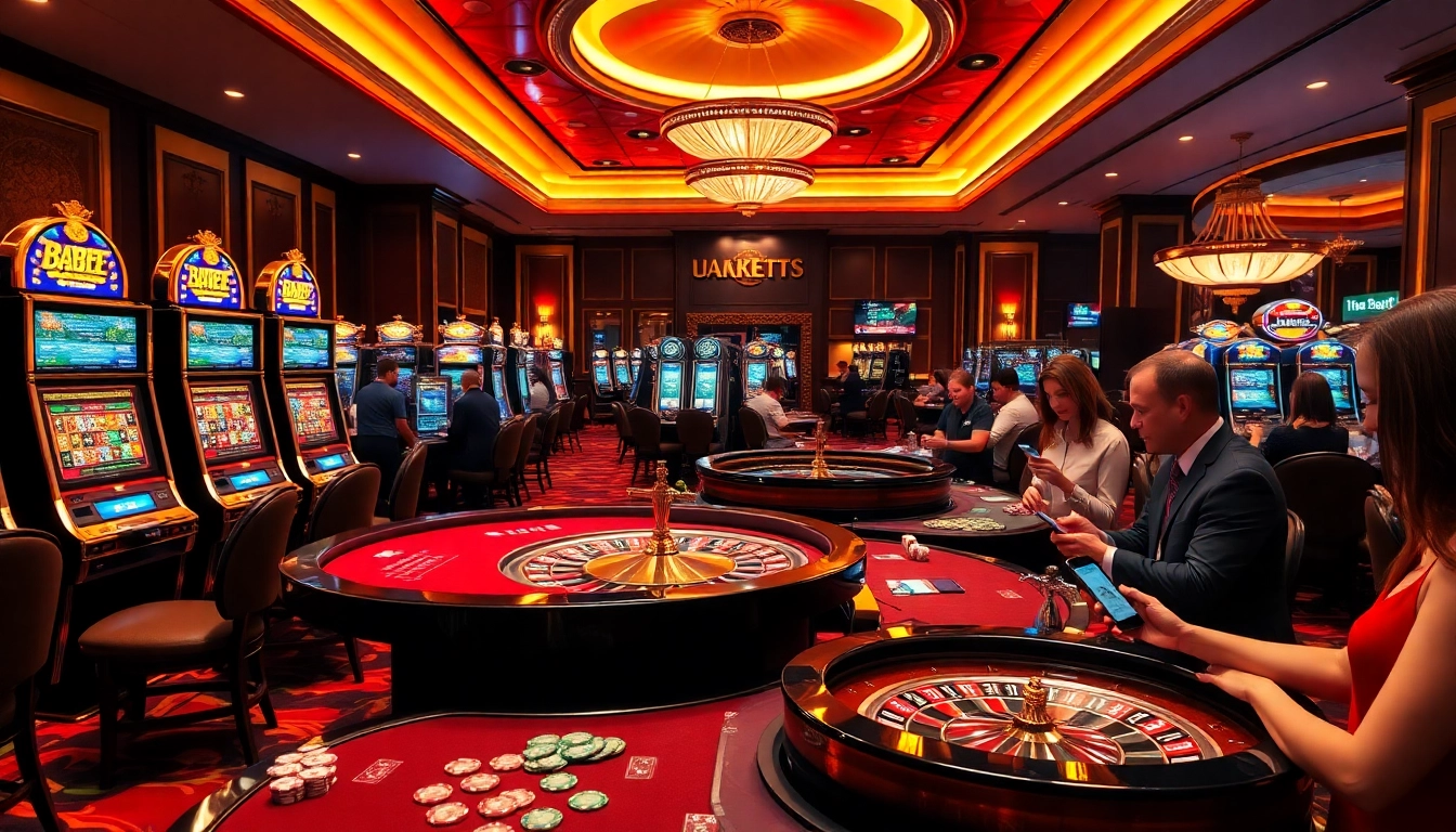 Dabet players enjoying thrilling casino games with vibrant slot machines and exciting poker tables.