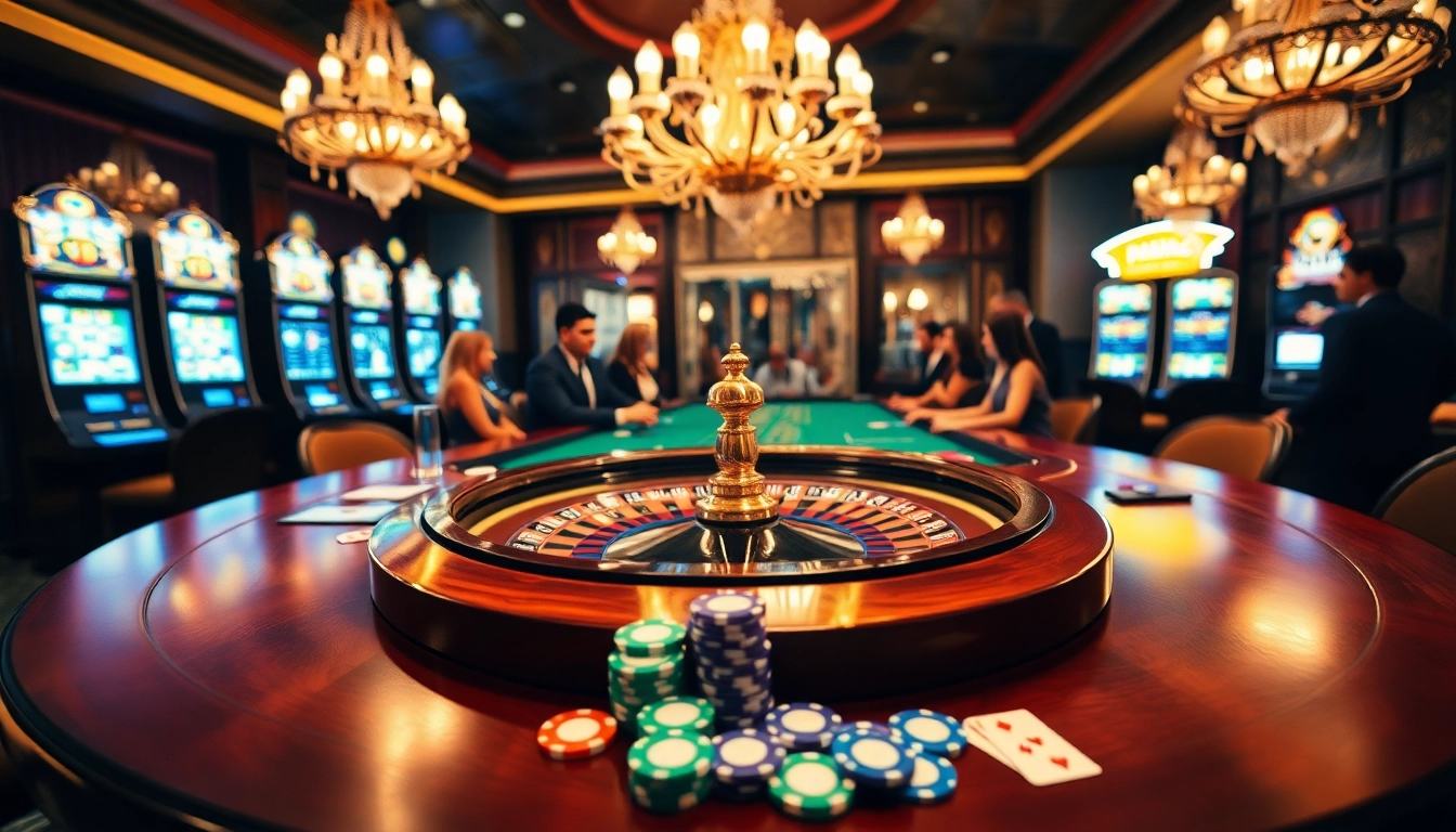 Players enjoying vibrant tabletop games in a luxurious casino environment at https://vj88.com/ with colorful poker chips and cards.