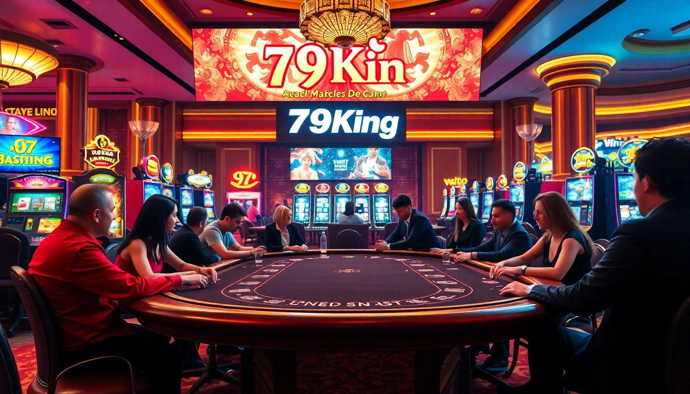 Experience excitement at 79King with players engaging at a luxury poker table in a vibrant casino.
