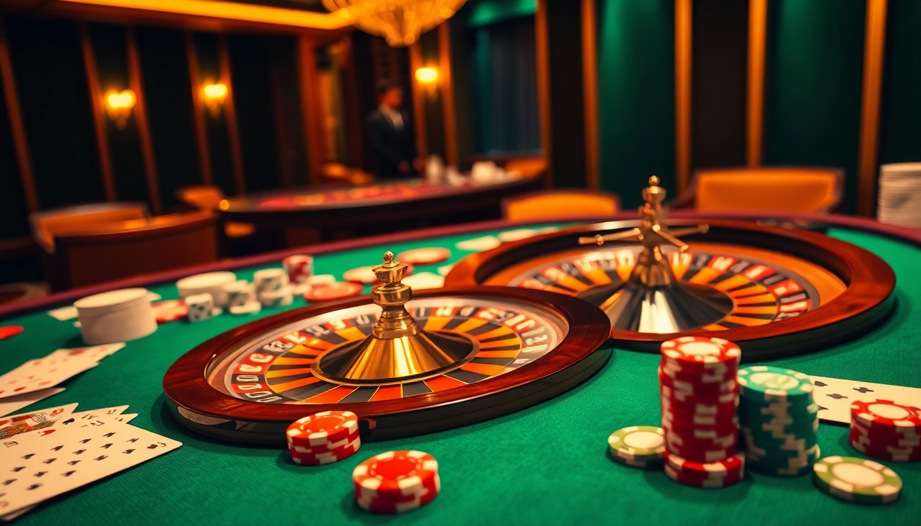 Exciting gaming scene featuring go 8 themed poker chips and a roulette wheel in a luxurious casino.