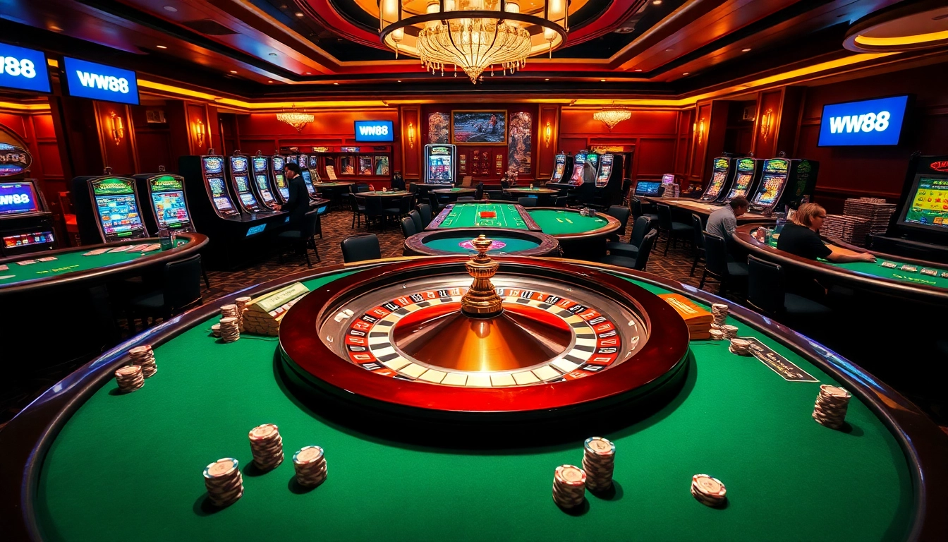 Experience the thrill of ww88 with vibrant casino tables, poker chips, and a roulette wheel.