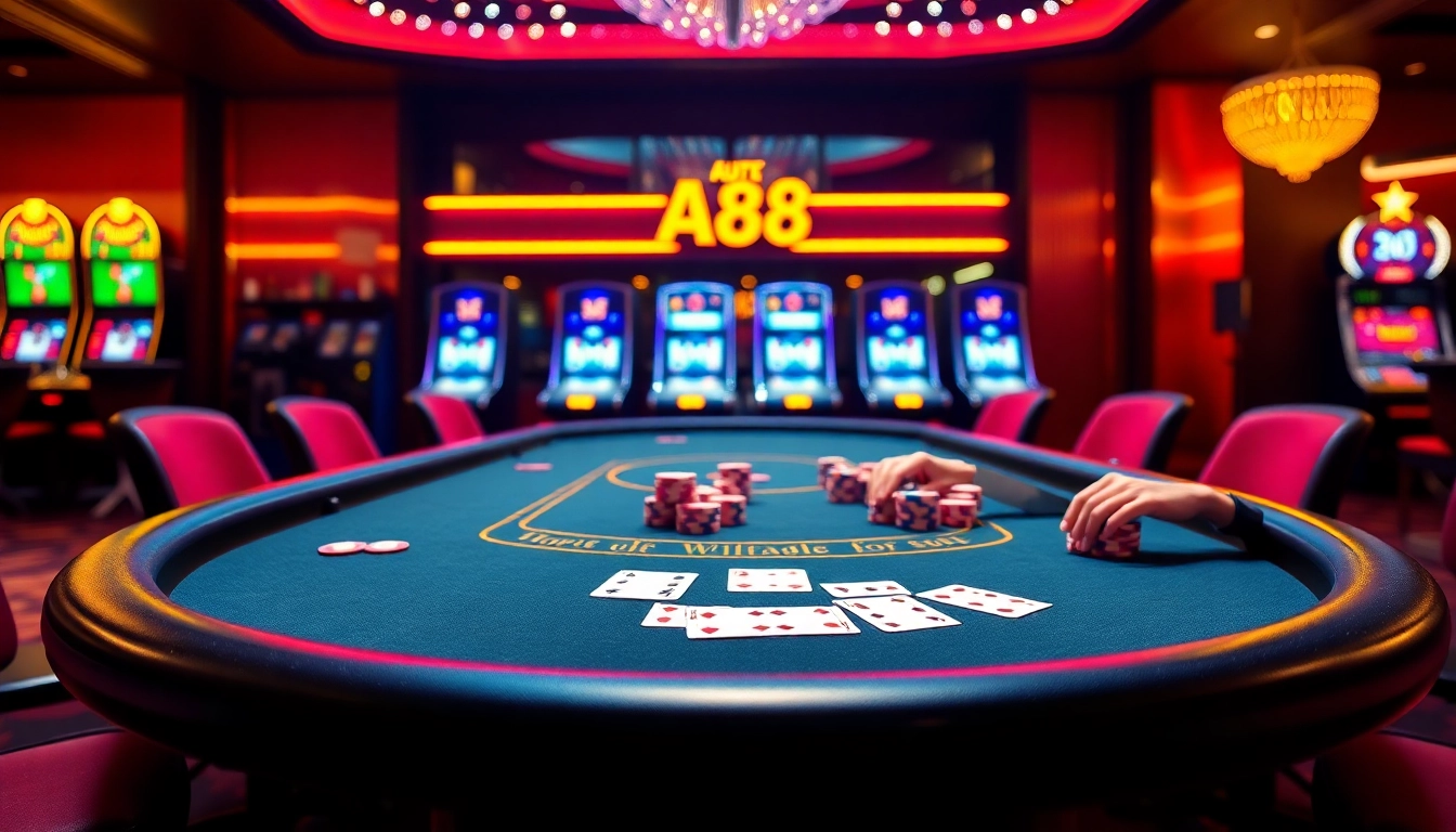 Engaging casino experience at au88 featuring a poker table and vibrant slot machines.