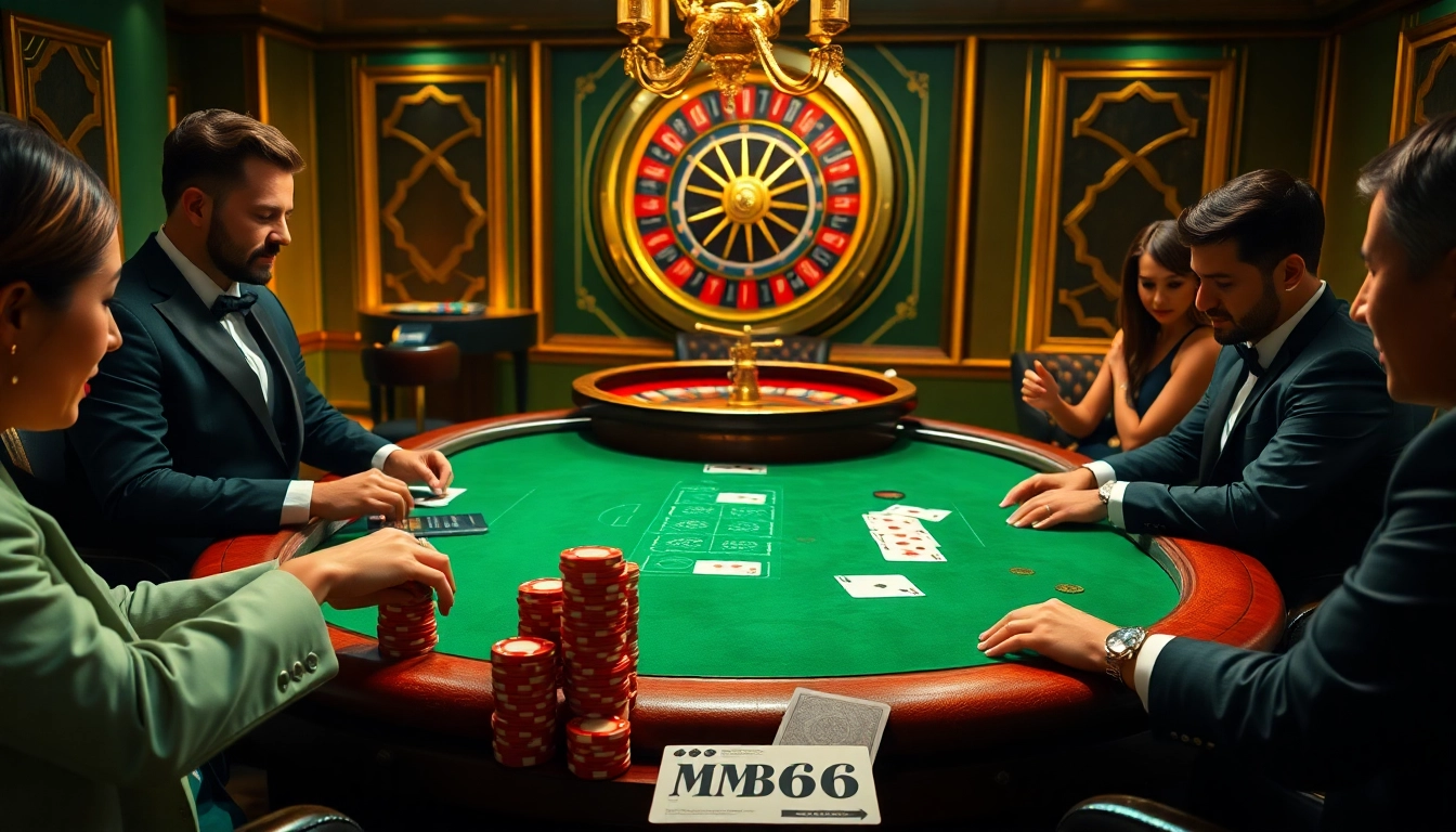 Experience the thrill of MB66 at a luxury casino poker table with excited players.