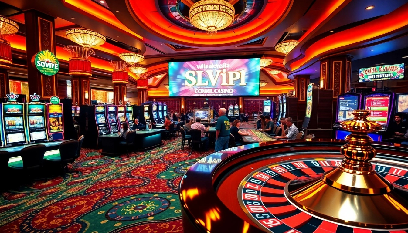 Exciting gameplay at https://slvip1.com.ph/ featuring vibrant slot machines and poker tables.