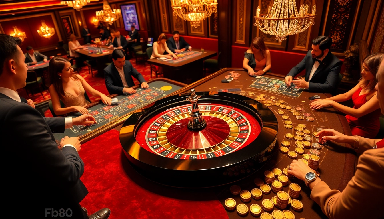 Engaged players betting at a luxurious Fb88 casino table during an intense game.