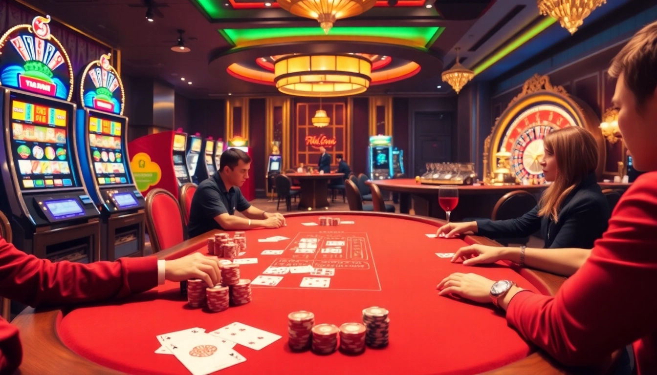 Players enjoying a thrilling poker game at the uu88 casino, with vibrant slot machines in the background.
