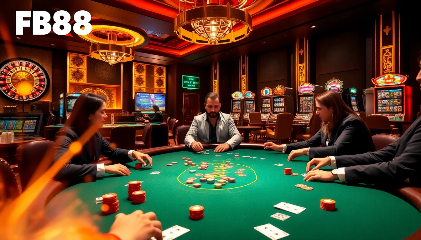 Engaging poker players at a vibrant FB88 casino table surrounded by chips and cards.