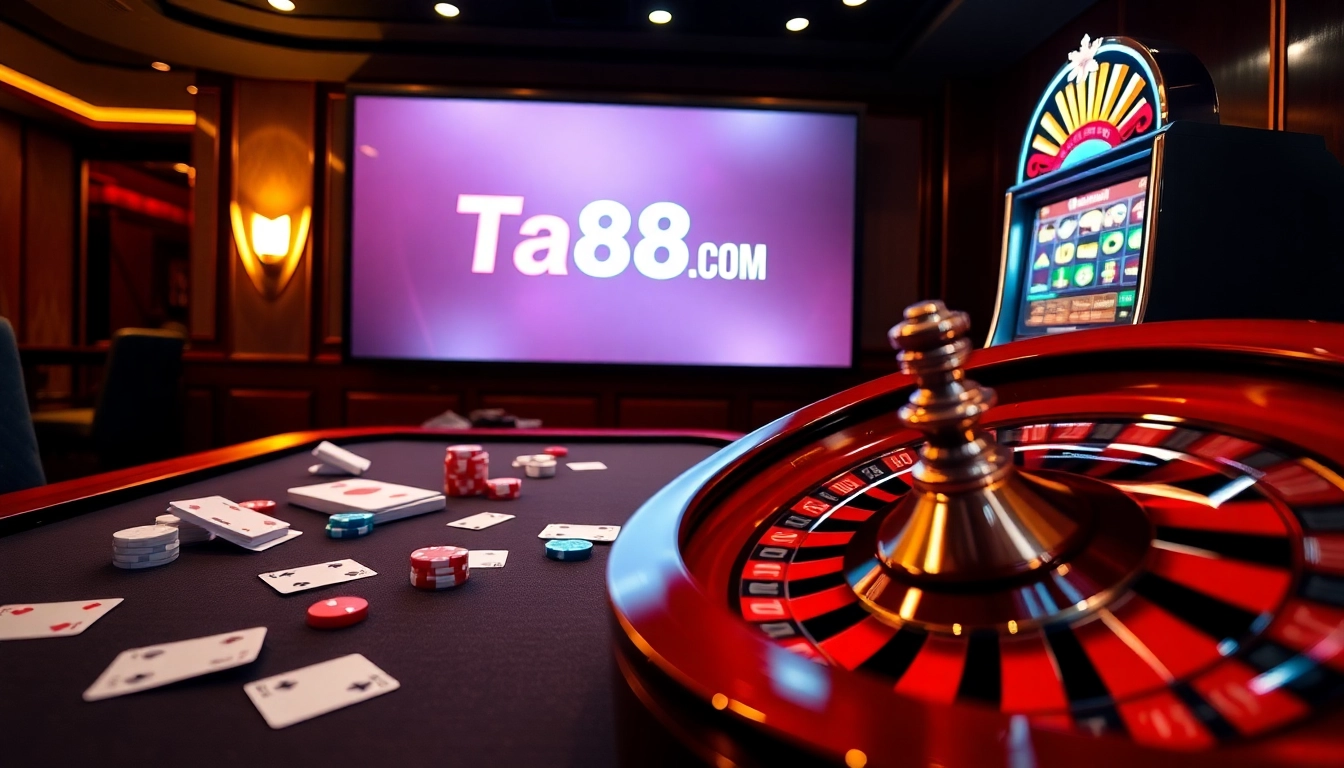 Experience thrilling online gameplay at Ta88 com with vibrant casino tables, cards, and chips.