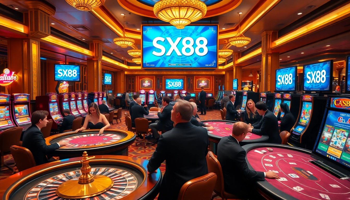 SX88 gaming interface displayed within a vibrant and luxurious casino atmosphere, showcasing professional gamblers.