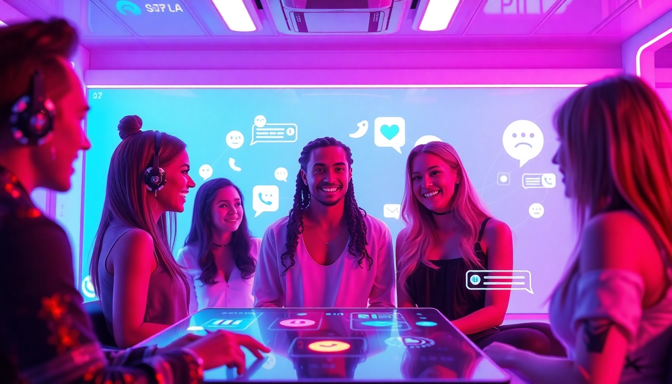 Engaging scene of diverse AI characters in a playful chat about sex ai in a vibrant virtual setting.