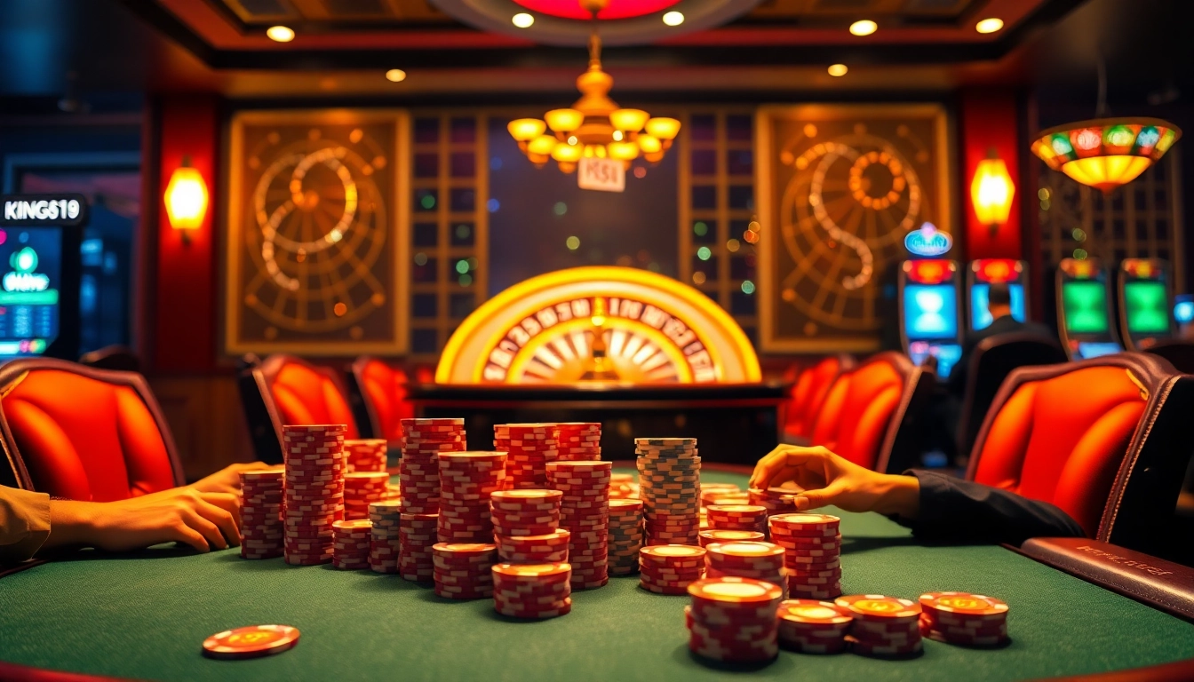 King88 poker chips on a high-end table in a luxurious casino setting, highlighting excitement.