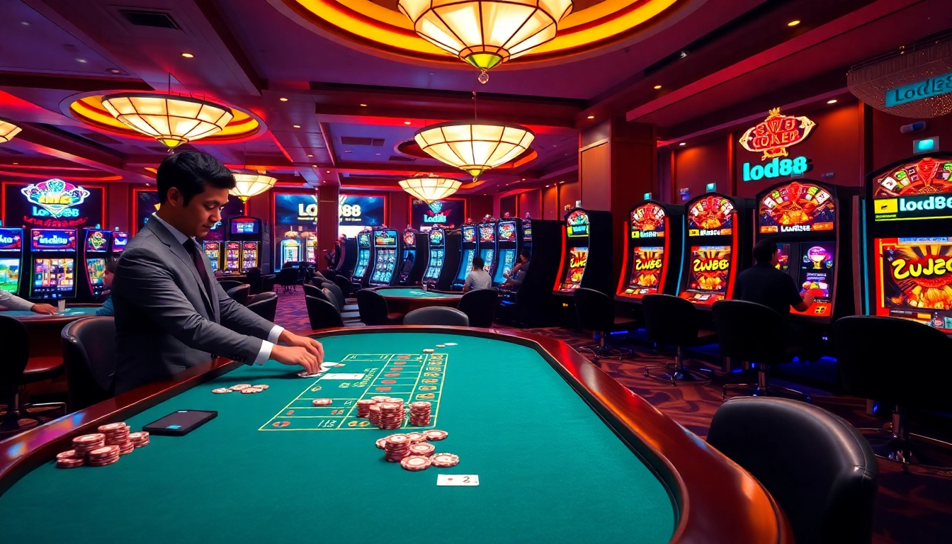 Players enjoying a thrilling blackjack game at lode88 casino with vibrant lighting and luxury decor.