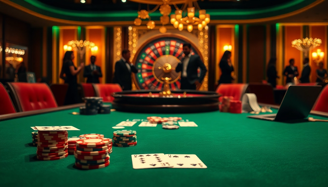 Engage with the excitement of https://s8.boston/ at a vibrant casino, featuring a poker table and roulette wheel.