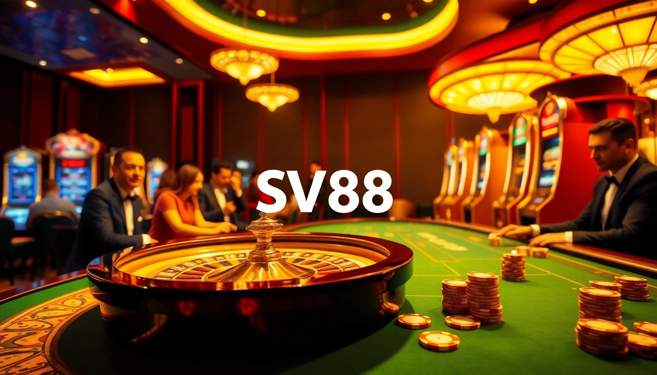 Players enjoying high-stakes gaming at a luxurious casino table scene showcasing SV88's thrill.