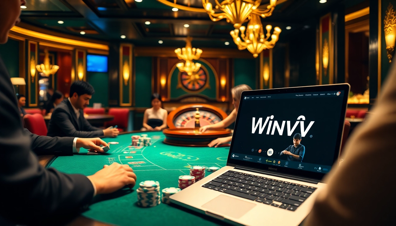 Engage with thrilling gameplay at https://winvn.wiki, featuring a luxurious poker table and vibrant casino elements.