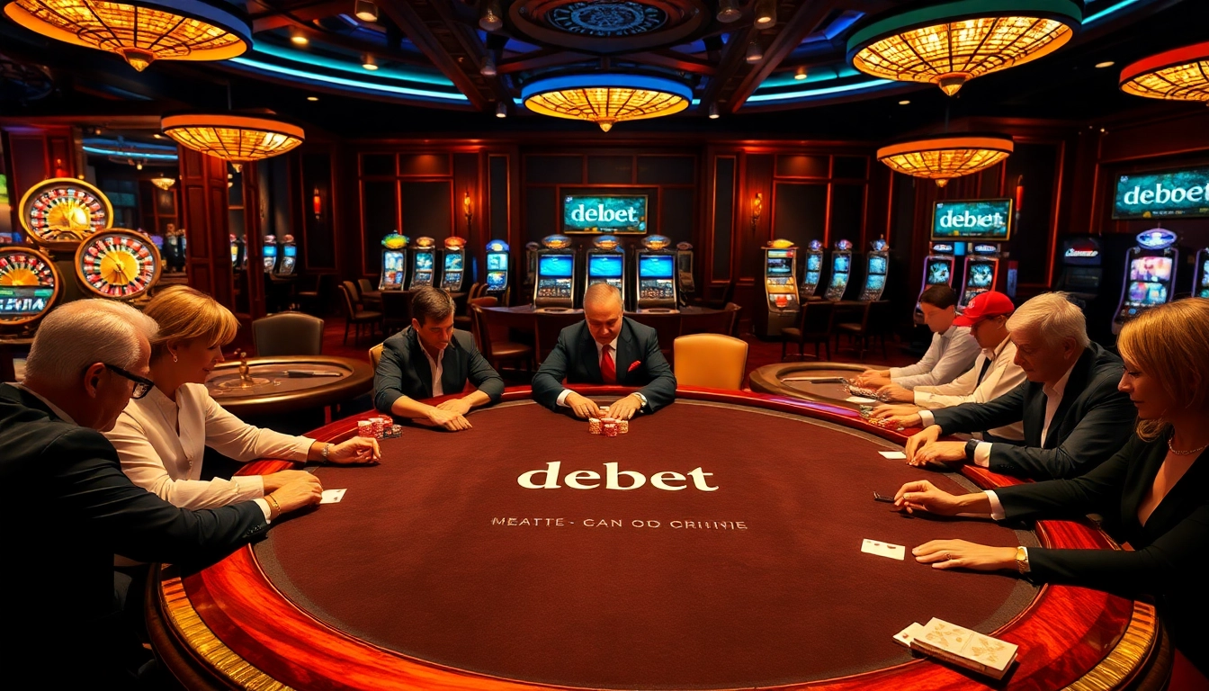 Engage with debet's exciting casino tables filled with players, poker chips, and roulette wheels.
