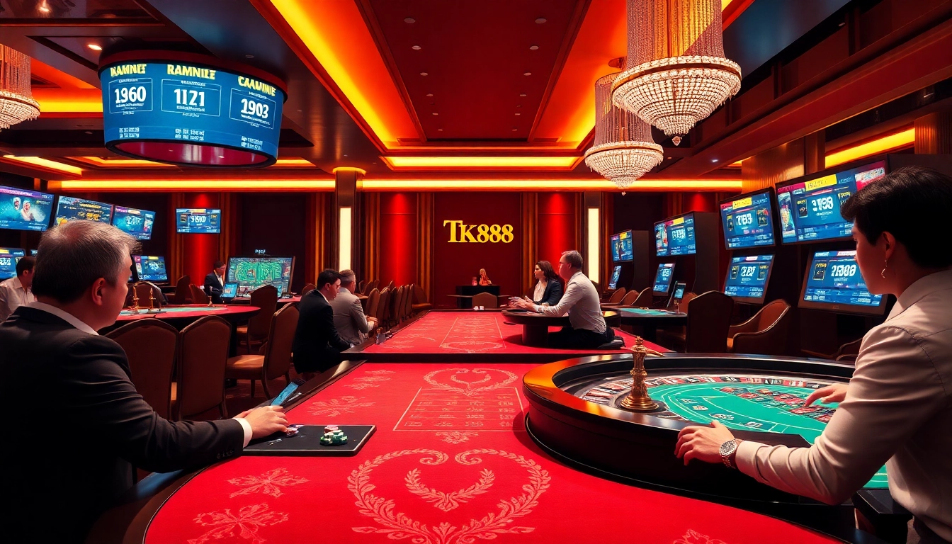 Players enjoying games at TK88 Casino, showcasing excitement and luxury in a vibrant atmosphere.