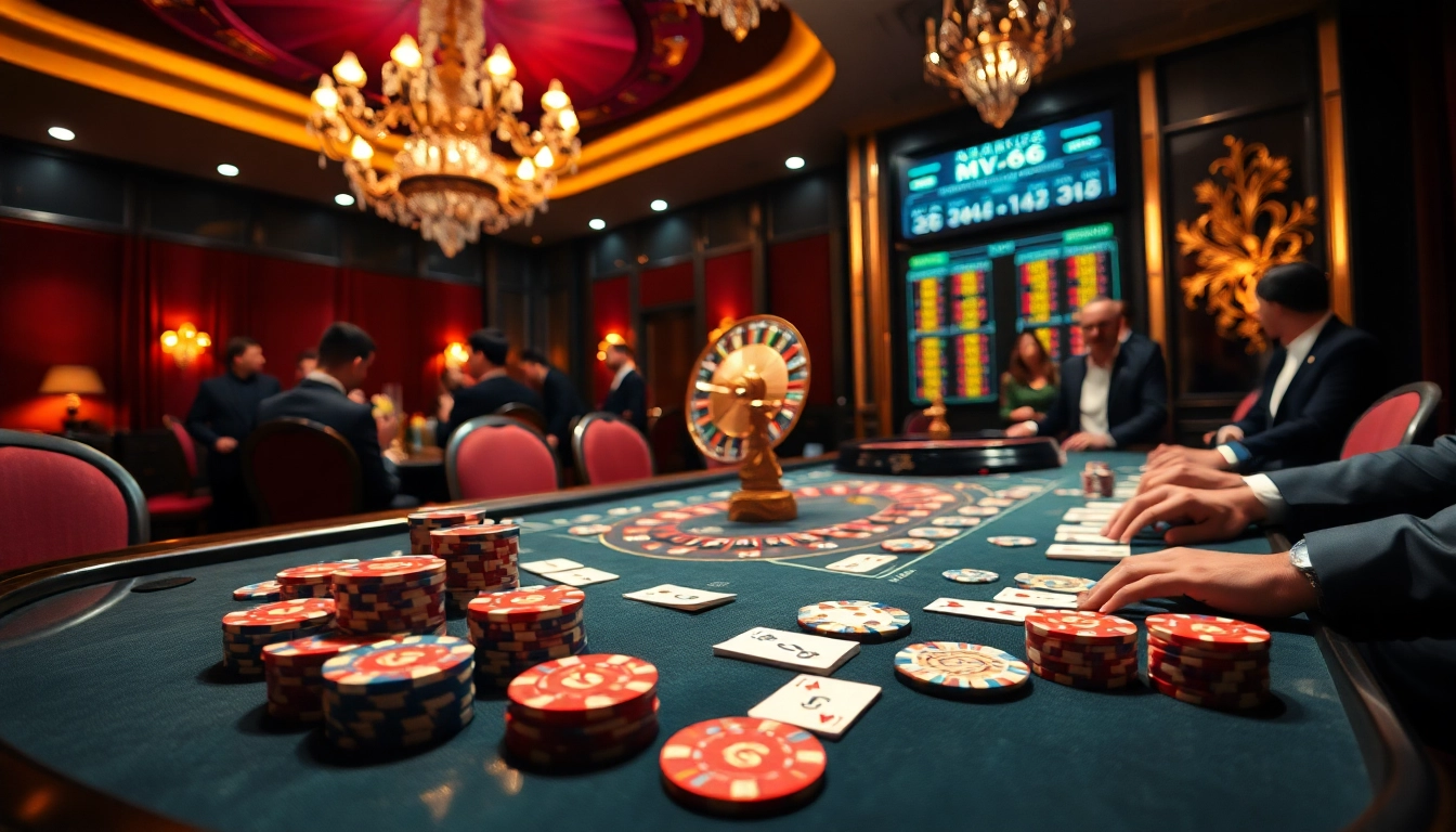 Players engage at a high-stakes poker table featuring MV66-themed chips and cards in a luxurious casino environment.