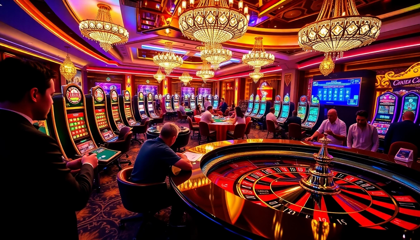 Immerse in the thrilling casino ambiance at https://luck8.bid/, showcasing vibrant slot machines and a dynamic roulette game.