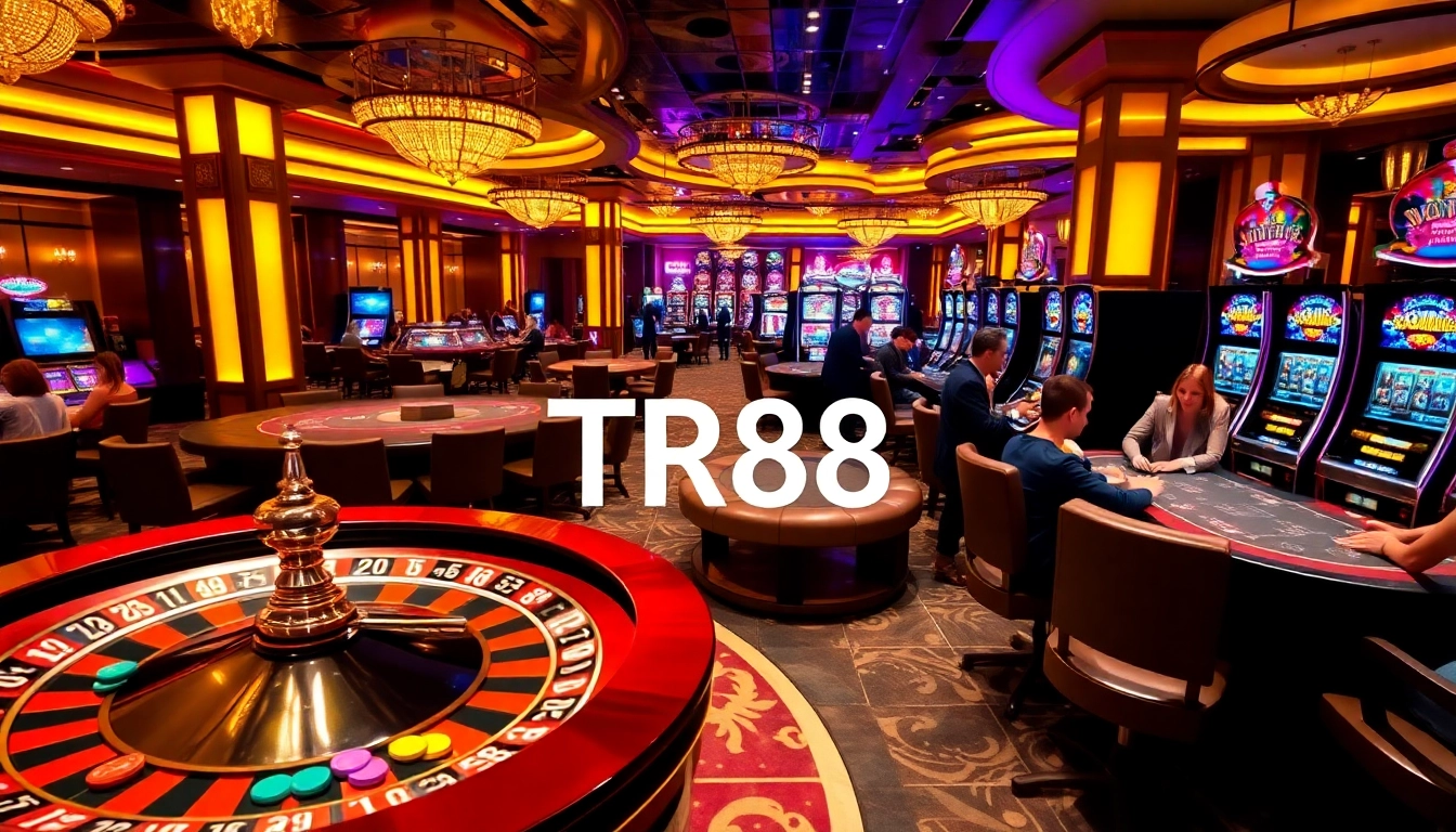 Exciting gambling scene at the TR88 casino featuring roulette and poker games.