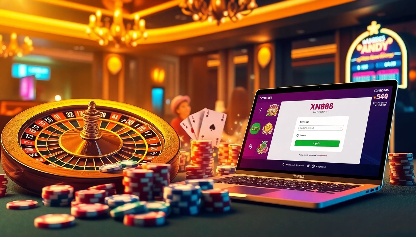 Xn88 đăng nhập on a modern gambling interface with a roulette wheel, poker chips, and a laptop showcasing a winning moment.