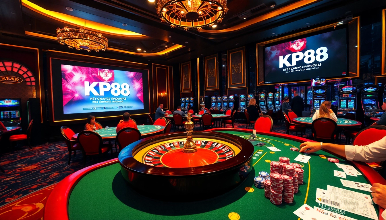 Kp88's bustling casino scene with vibrant tables, cards, and excitement