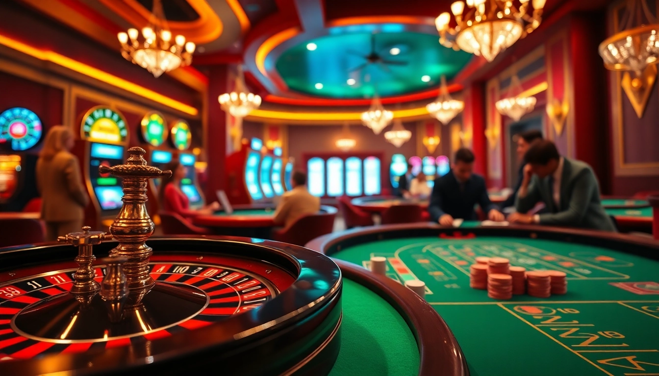 Experience a thrilling casino atmosphere with players at tables and vibrant slot machines for https://febet9.club/.