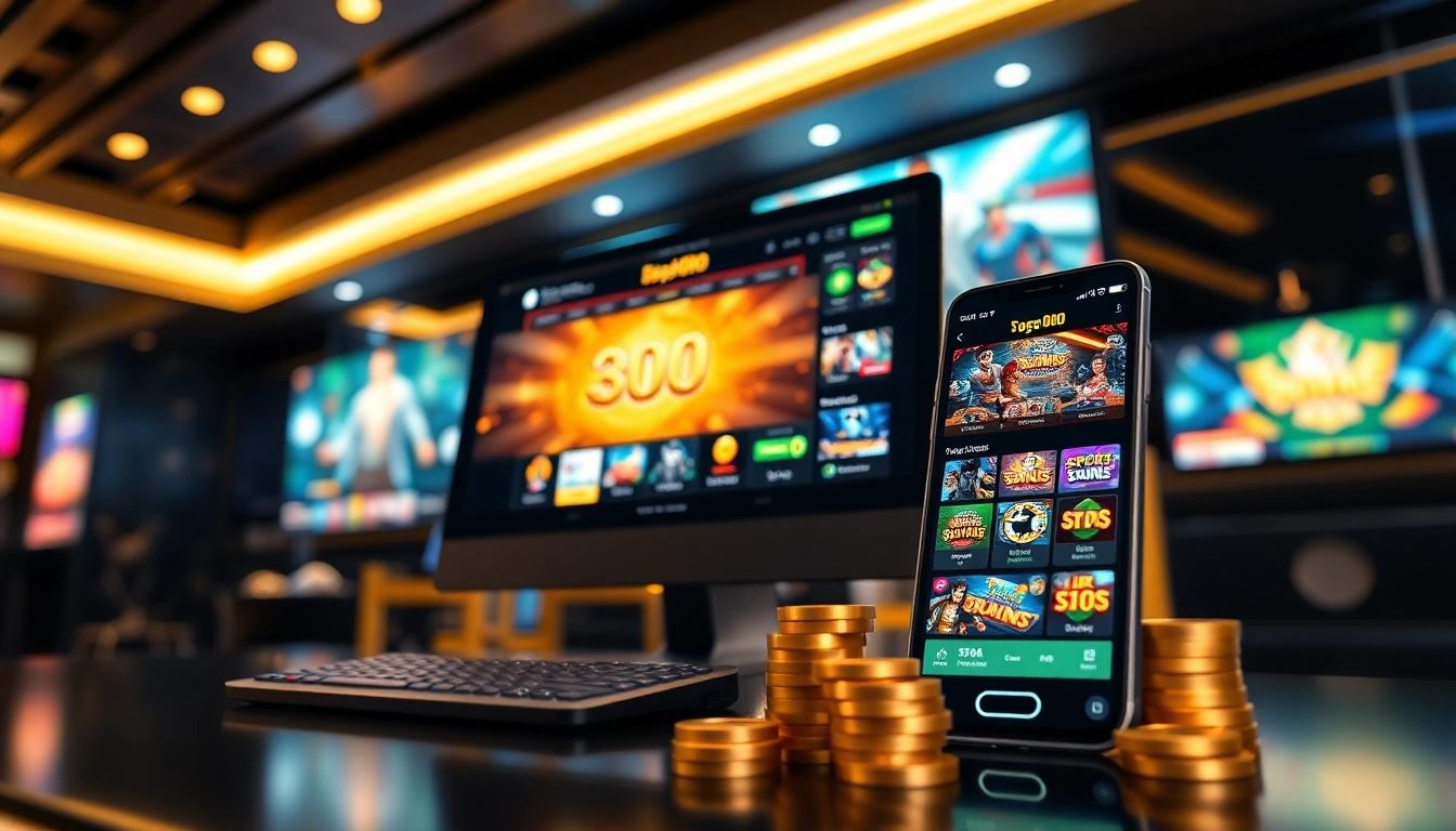 View of an immersive online gambling setup featuring new88pm.com with vibrant game graphics and devices.