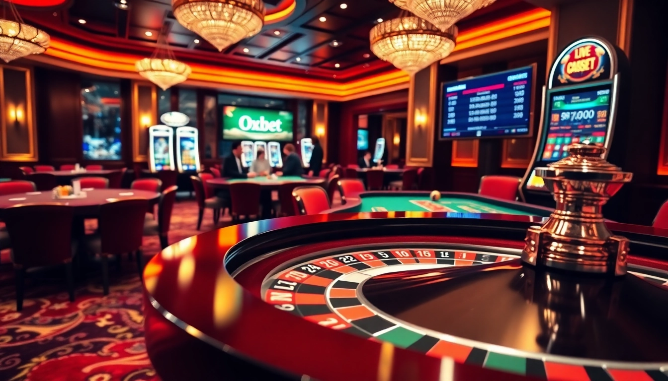 Exciting gambling scene at Oxbet com featuring roulette and poker tables with players.