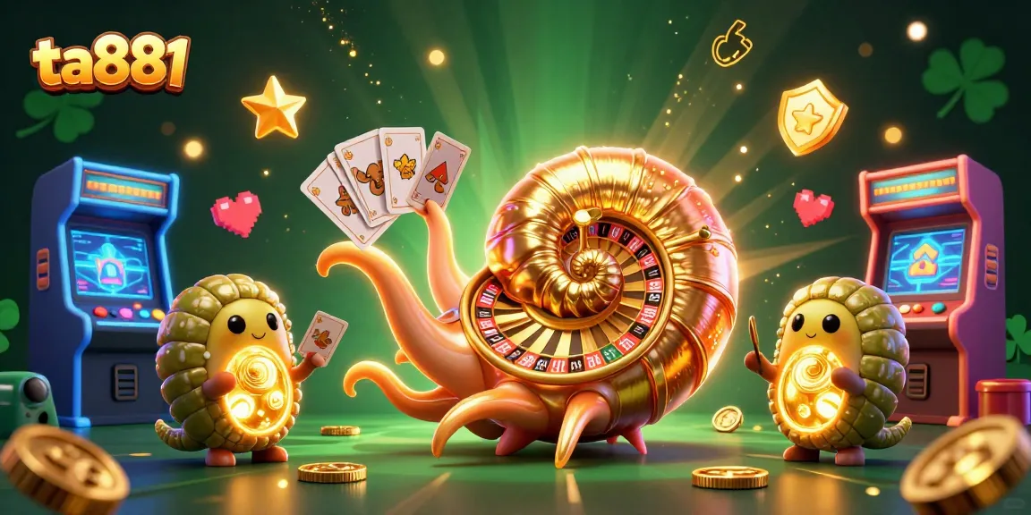 Experience the excitement of ta881 with a vibrant 3D casino scene featuring a giant nautilus roulette wheel and glowing game elements.
