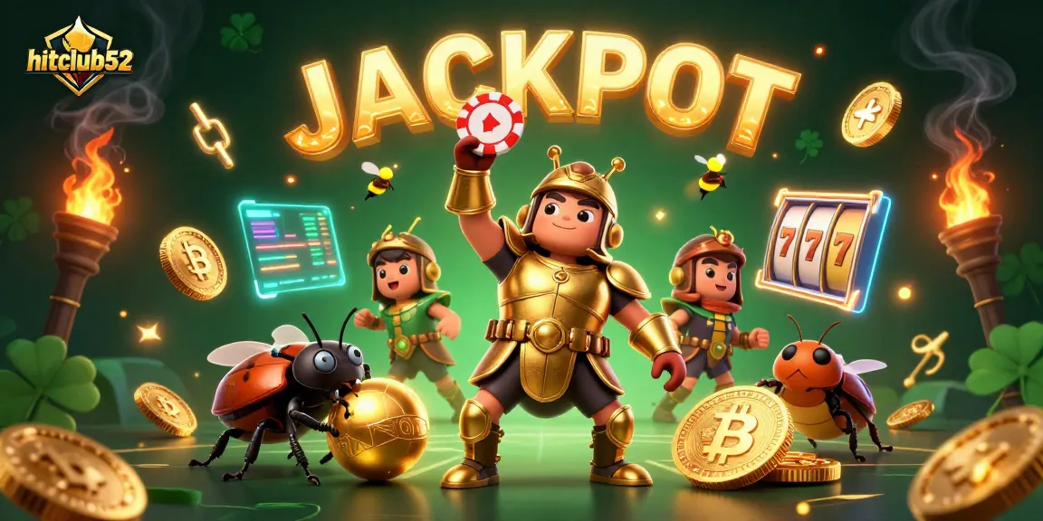 Experience the thrill of hitclub52 as a hercules beetle celebrates victory with poker chips amidst glowing crypto coins.